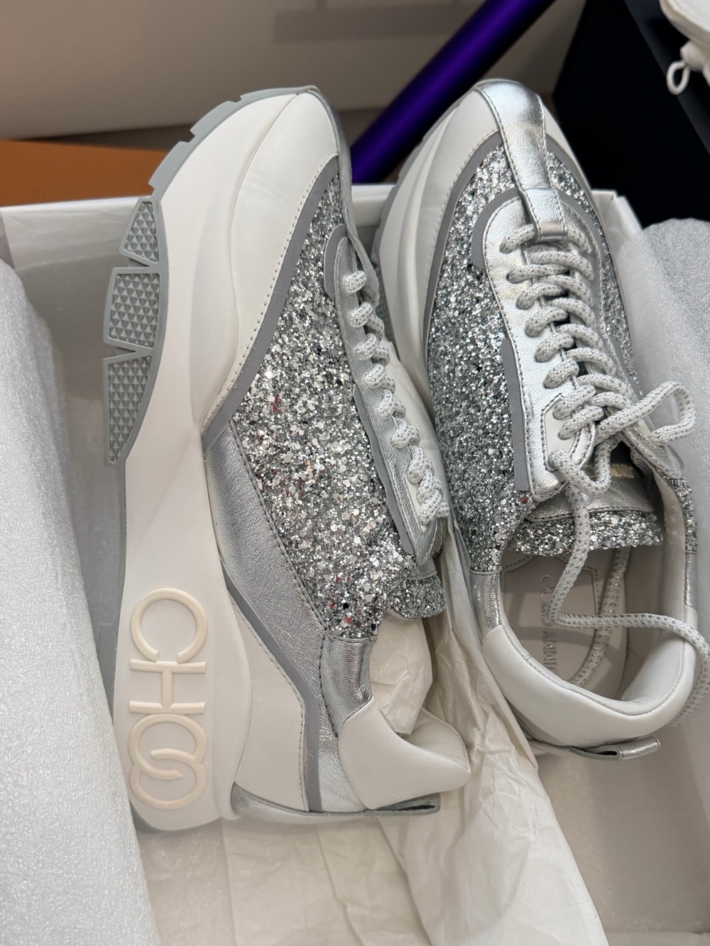 JIMMY CHOO RAINE Silver Glitter Sneakers 💕